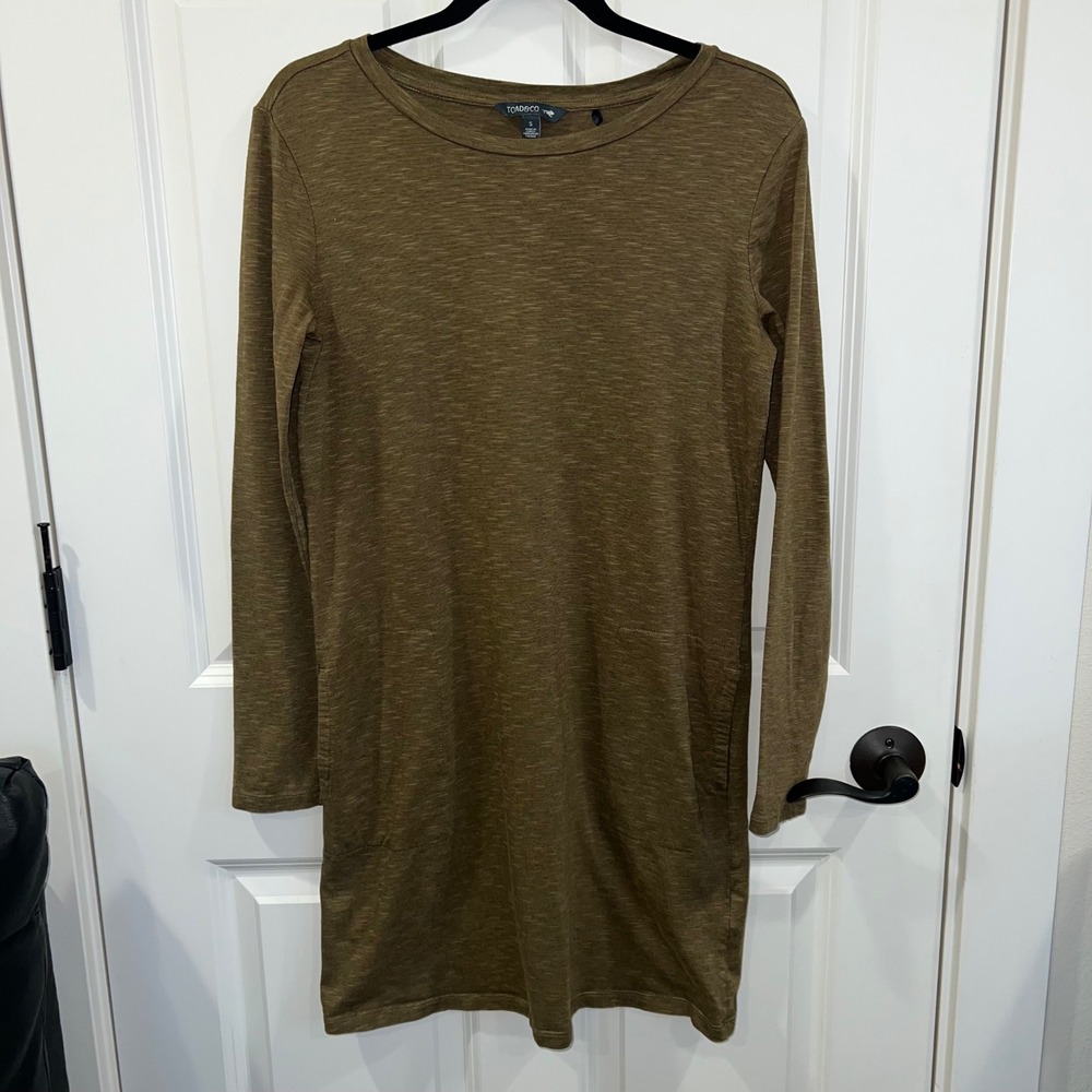 Toad&Co Windmere II Long Sleeve Shift Dress in Heathered Olive Green Size Small